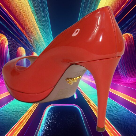 Prada Vernice Persimmon Patent Leather Peep Toe Platform Pumps, Size 36 (US 6) - Picture 4 of 9